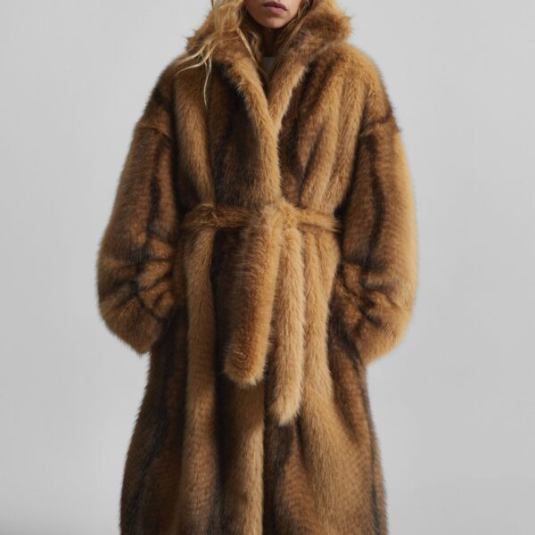 The Frankie Shop Ravello Faux Fur Robe Coat - Beige/Brown - Oversized Minimalist Coats in Brown - Shop at Coveti
