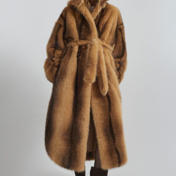 The Frankie Shop Ravello Faux Fur Robe Coat - Beige/Brown - Oversized Minimalist Coats in Brown - Shop at Coveti