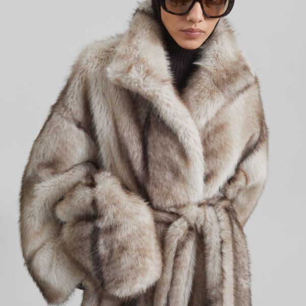 The Frankie Shop Ravello Faux Fur Robe Coat - Grey - Oversized Minimalist Coats in Grey - Shop at Coveti