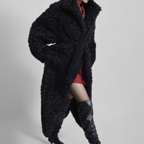The Frankie Shop Ravello Faux Shearling Robe Coat - Black - Oversized Minimalist Coats in Black - Shop at Coveti
