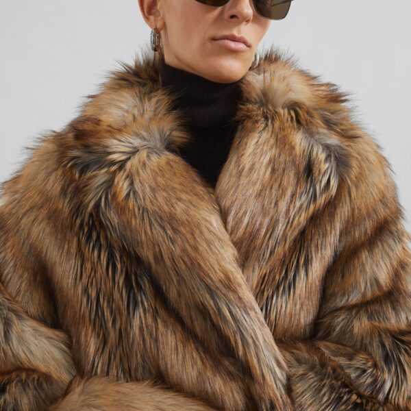 The Frankie Shop Rella Faux Fur Coat - Camel - Oversized Minimalist Coats in Brown - Shop at Coveti
