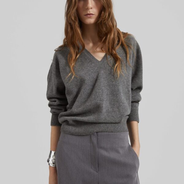 The Frankie Shop Ronse V-Neck Superfine Lambswool Sweater - Grey - Oversized Minimalist Knitwear in Grey - Shop at Coveti