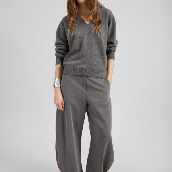 The Frankie Shop Ronse V-Neck Superfine Lambswool Sweater - Grey - Oversized Minimalist Knitwear in Grey - Shop at Coveti