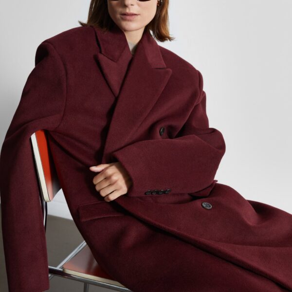 The Frankie Shop Skaila Double-Breasted Coat - Burgundy - Oversized Minimalist Coats in Red - Shop at Coveti