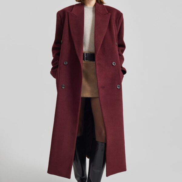 The Frankie Shop Skaila Double-Breasted Coat - Burgundy - Oversized Minimalist Coats in Red - Shop at Coveti
