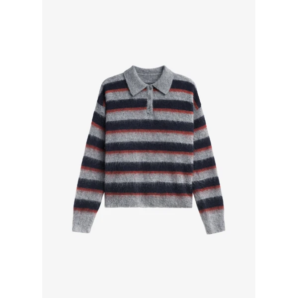 The Frankie Shop Sorlia Mohair Polo Sweater – Grey Multi Stripe, view 7