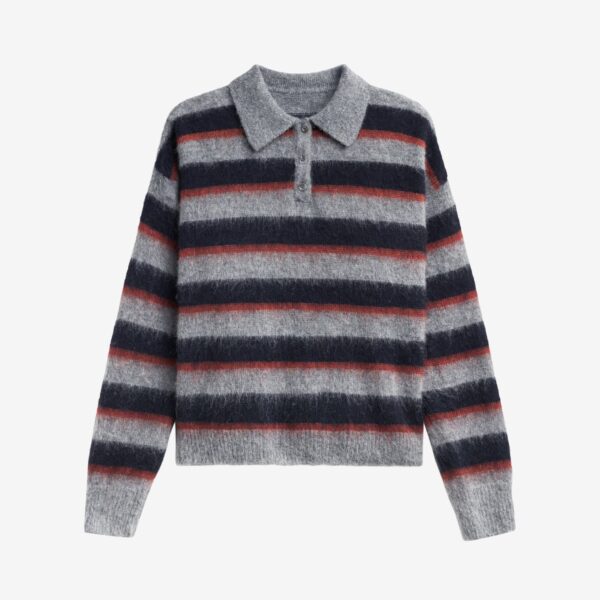 The Frankie Shop Sorlia Mohair Polo Sweater - Grey Multi Stripe - Oversized Minimalist Knitwear in Grey - Shop at Coveti