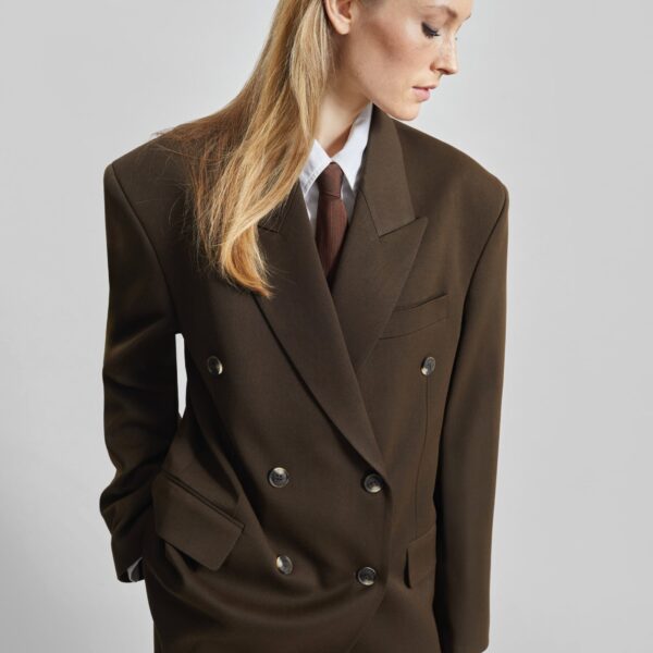 The Frankie Shop Vester Double-Breasted Blazer - Brown - Oversized Minimalist Jackets in Brown - Shop at Coveti