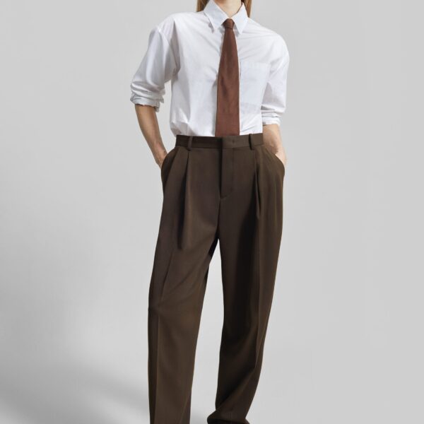 The Frankie Shop Vester Pleated Trousers - Brown - Oversized Minimalist Pants in Brown - Shop at Coveti