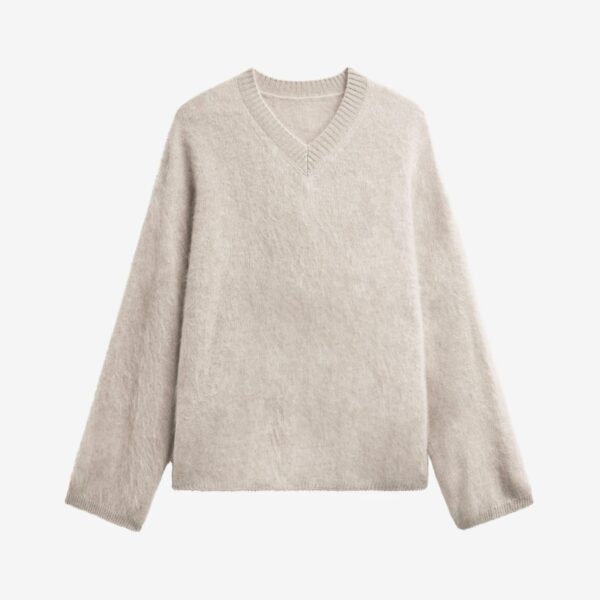 The Frankie Shop Vilhena Wool Fuzzy V-Neck Sweater - Beige - Oversized Minimalist Knitwear in Beige - Shop at Coveti