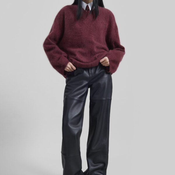 The Frankie Shop Vilhena Wool Fuzzy V-Neck Sweater - Burgundy - Oversized Minimalist Knitwear in Red - Shop at Coveti