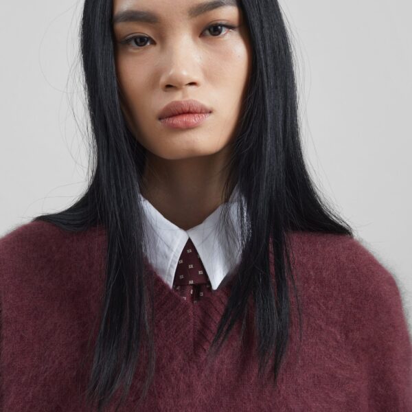 The Frankie Shop Vilhena Wool Fuzzy V-Neck Sweater - Burgundy - Oversized Minimalist Knitwear in Red - Shop at Coveti