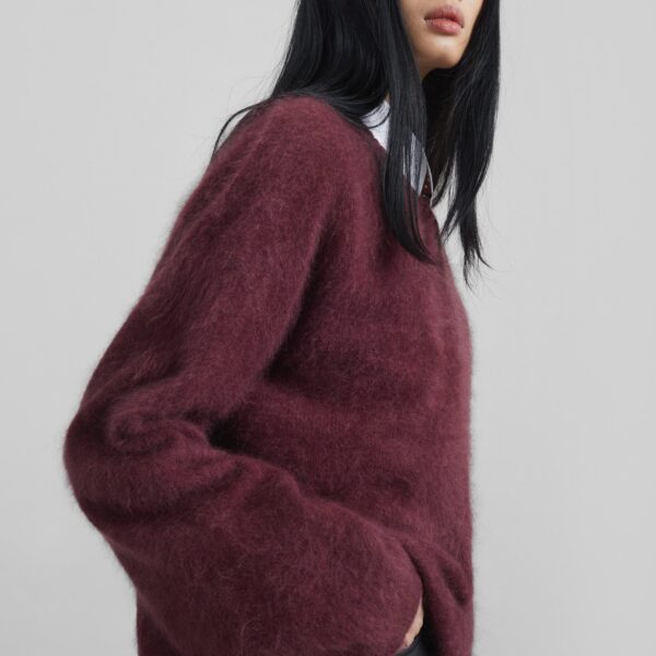 The Frankie Shop Vilhena Wool Fuzzy V-Neck Sweater - Burgundy - Oversized Minimalist Knitwear in Red - Shop at Coveti