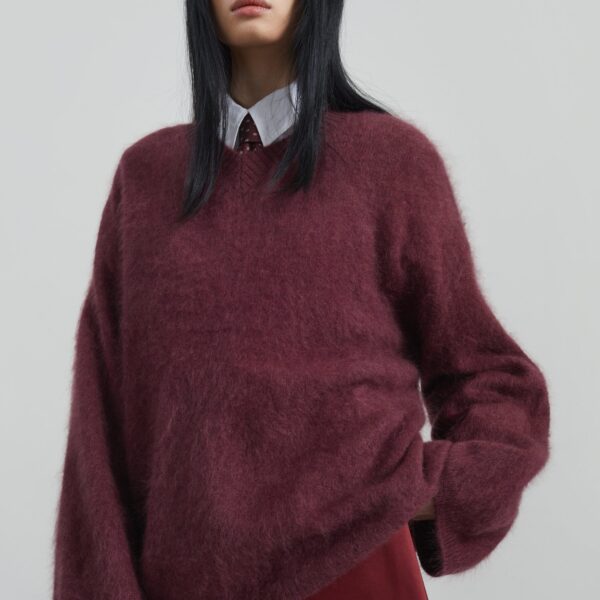 The Frankie Shop Vilhena Wool Fuzzy V-Neck Sweater - Burgundy - Oversized Minimalist Knitwear in Red - Shop at Coveti