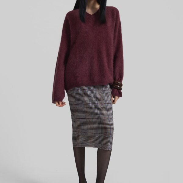 The Frankie Shop Vilhena Wool Fuzzy V-Neck Sweater - Burgundy - Oversized Minimalist Knitwear in Red - Shop at Coveti