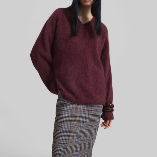 The Frankie Shop Vilhena Wool Fuzzy V-Neck Sweater - Burgundy - Oversized Minimalist Knitwear in Red - Shop at Coveti