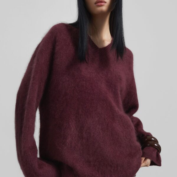 The Frankie Shop Vilhena Wool Fuzzy V-Neck Sweater - Burgundy - Oversized Minimalist Knitwear in Red - Shop at Coveti