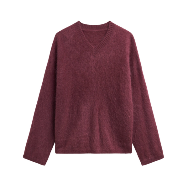 The Frankie Shop Vilhena Wool Fuzzy V-Neck Sweater - Burgundy - Oversized Minimalist Knitwear in Red - Shop at Coveti