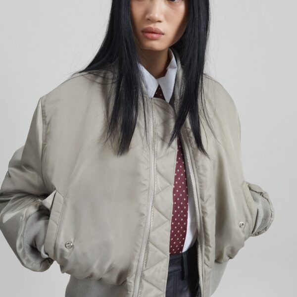 The Frankie Shop Zernez Cropped Bomber Jacket - Stone - Oversized Minimalist Jackets in Beige - Shop at Coveti