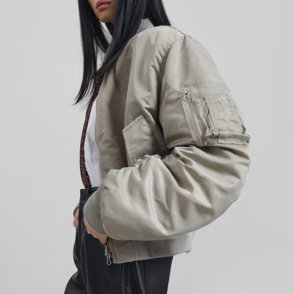The Frankie Shop Zernez Cropped Bomber Jacket - Stone - Oversized Minimalist Jackets in Beige - Shop at Coveti