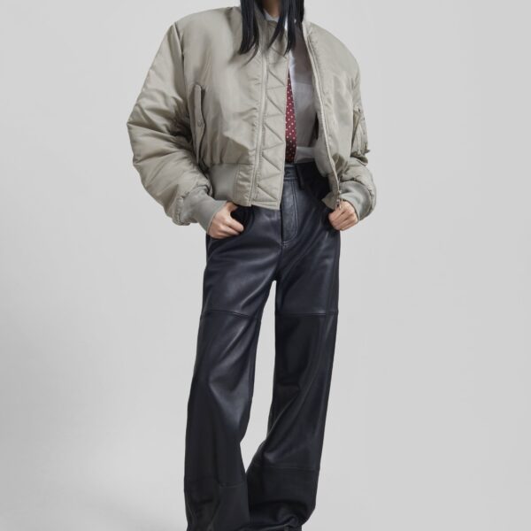 The Frankie Shop Zernez Cropped Bomber Jacket - Stone - Oversized Minimalist Jackets in Beige - Shop at Coveti