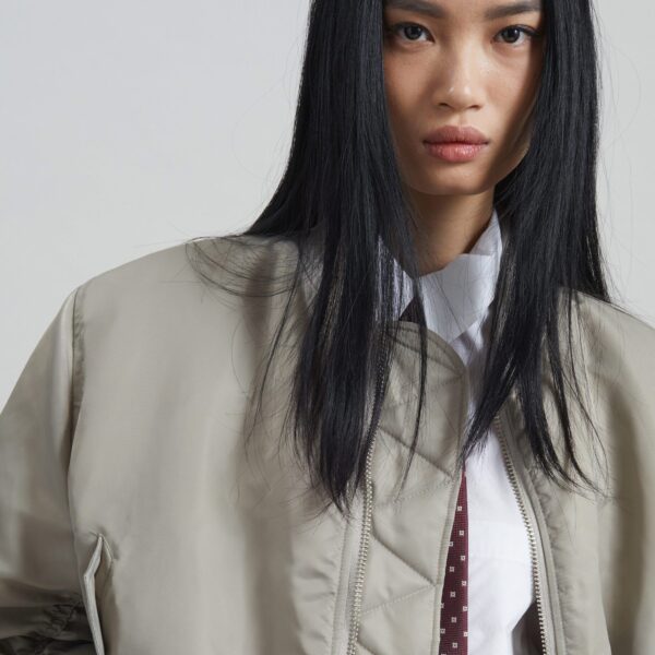 The Frankie Shop Zernez Cropped Bomber Jacket - Stone - Oversized Minimalist Jackets in Beige - Shop at Coveti