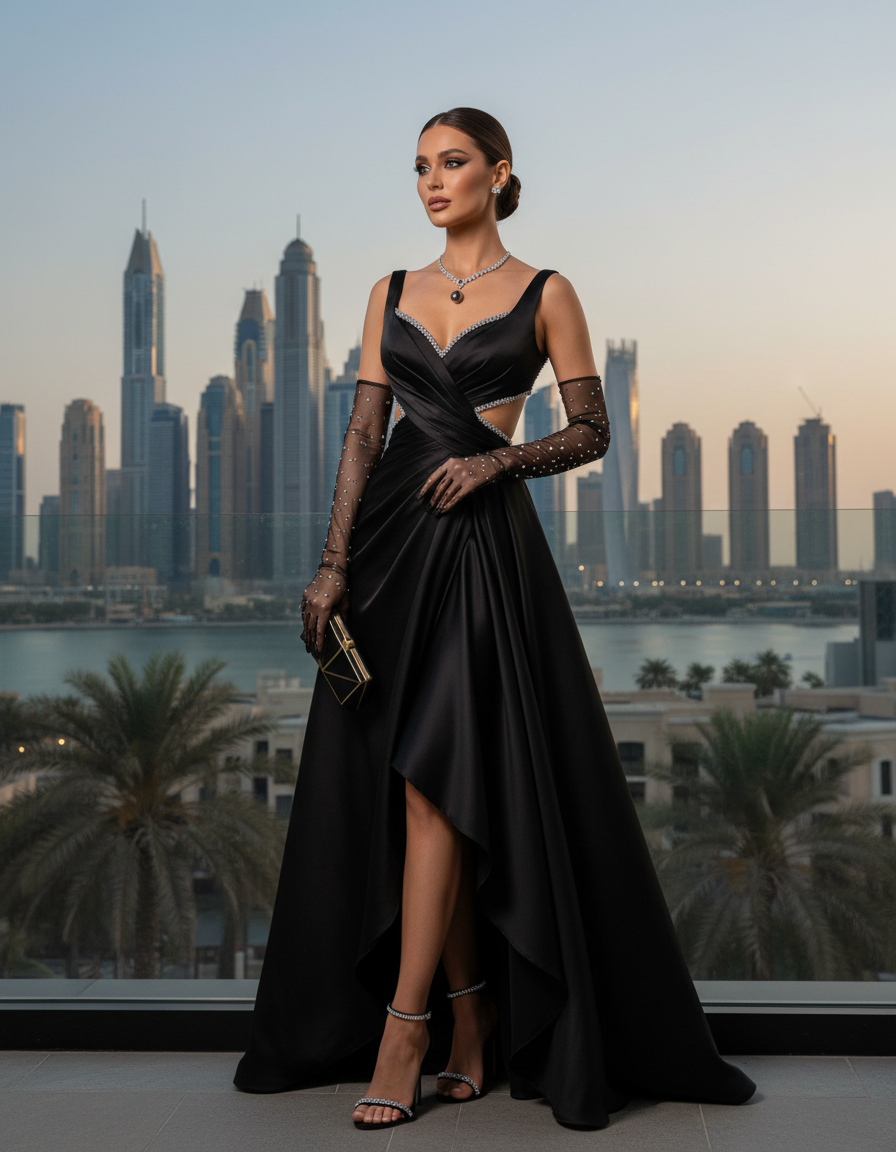 Gemma Deeks Style Guide: Black tie dinner outfit in Dubai Summer 2026