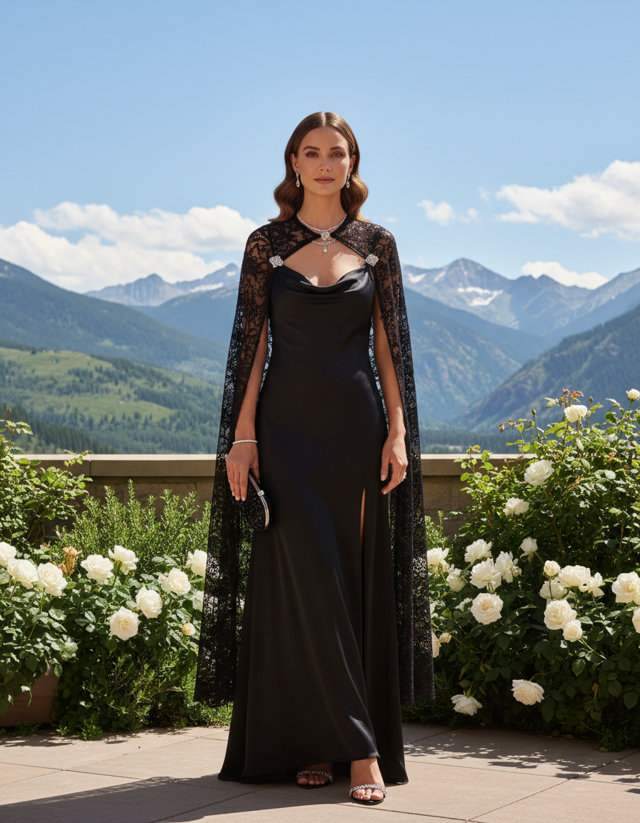 Gemma Deeks Style Guide: Black tie wedding guest dress in Aspen Summer 2026