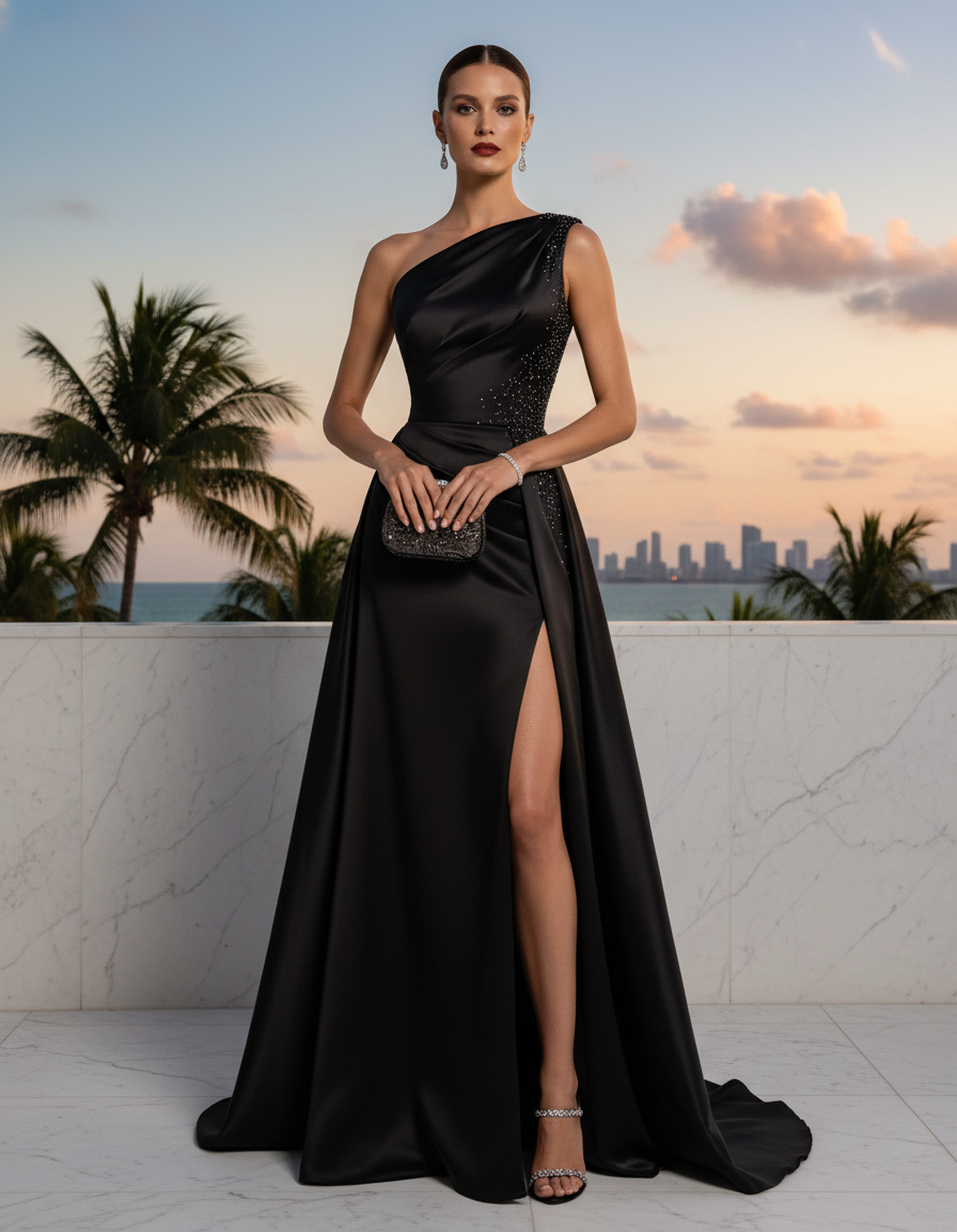 Gemma Deeks Style Guide: Black tie wedding guest dress in Miami Summer 2026