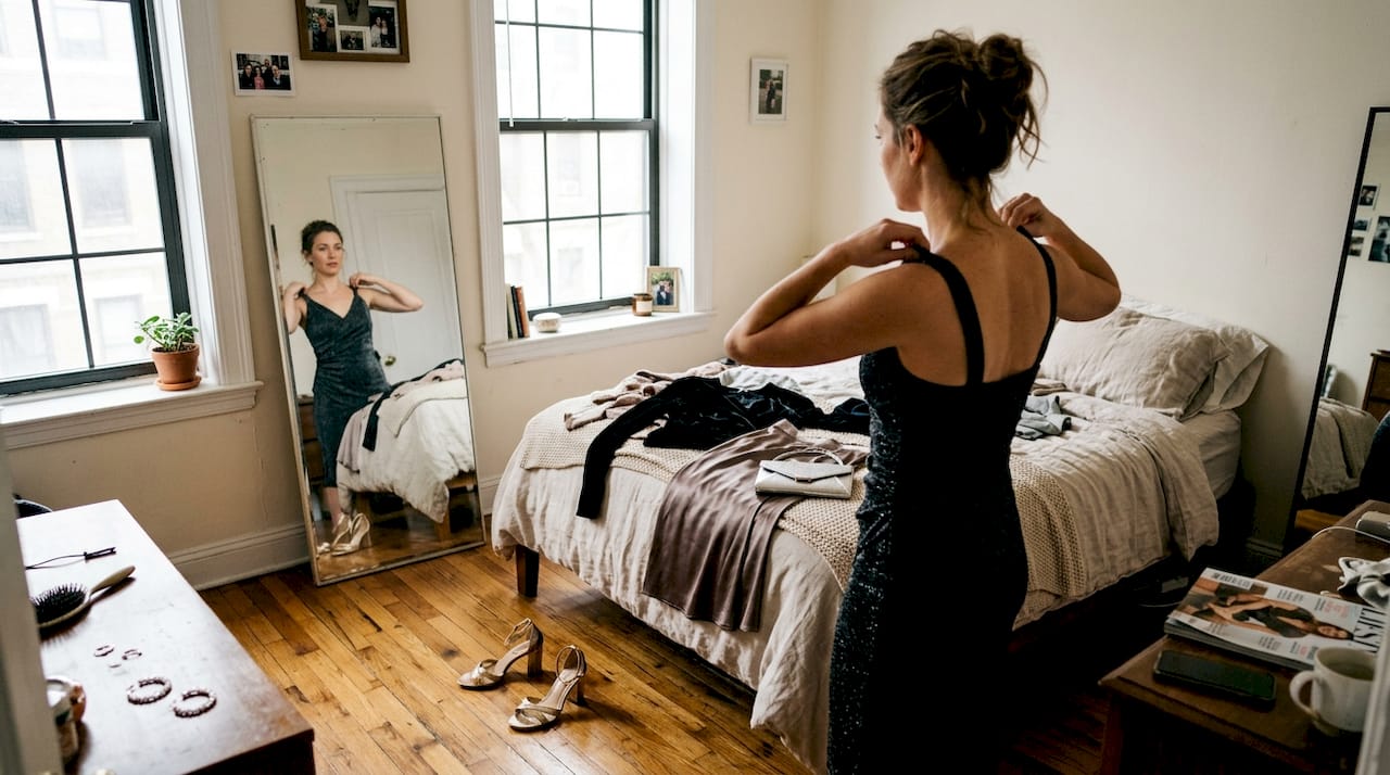 Vrouw past haar feestoutfit voor de spiegel in de slaapkamer
