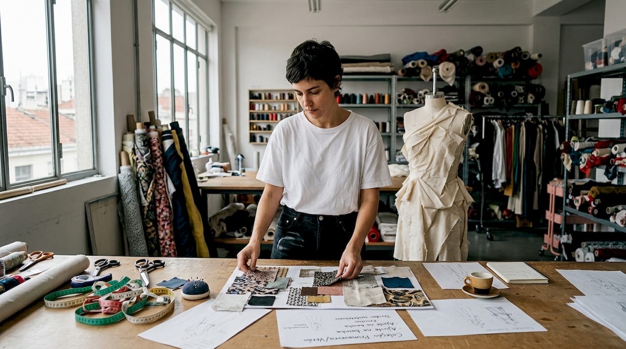 Estilista a desenvolver novas colecções num atelier criativo