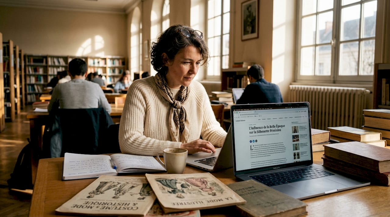 Assise à son bureau à la bibliothèque, une femme plonge dans la recherche sur l’histoire de la mode, entourée de livres et de notes.