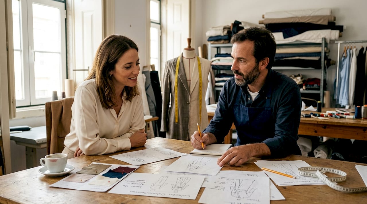 Cliente em reunião de consultoria com designer num atelier de luxo