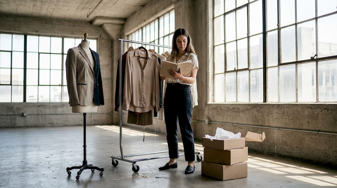 Eine Modeexpertin begutachtet exklusive Designerstücke in ihrem Atelier.