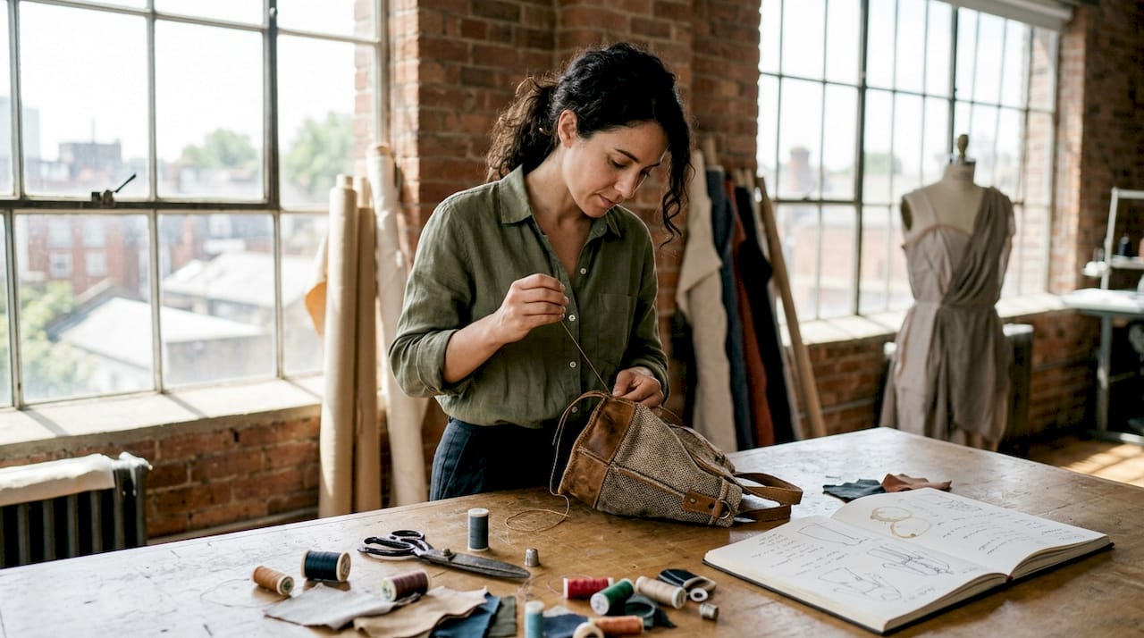 Fashion designer hand-stitching unique handbag in studio