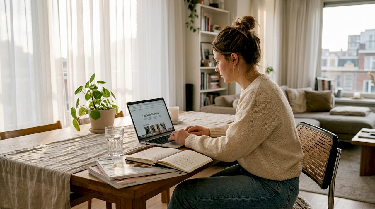 Een vrouw zit aan de eettafel en speurt online naar exclusieve mode.