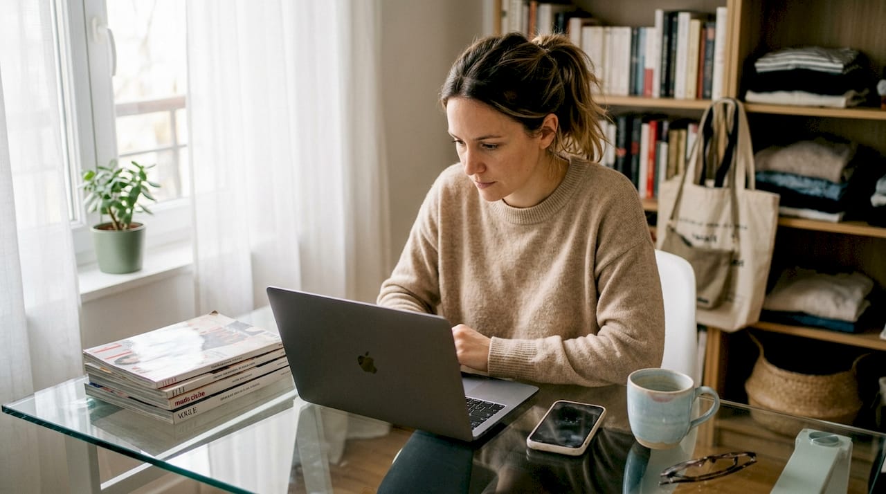 Une femme consulte des sites de mode depuis son bureau à la maison.