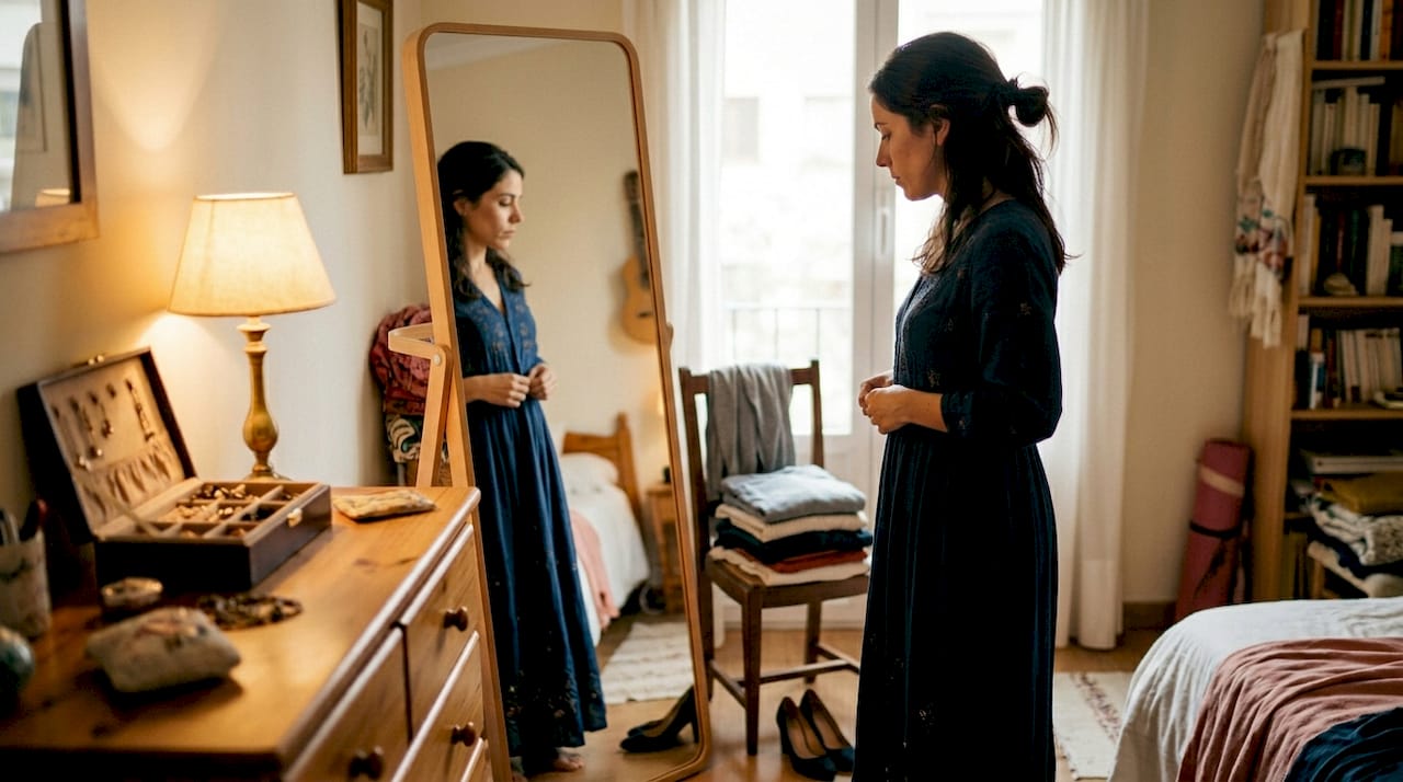 Una mujer se prepara frente al espejo, ajustándose su vestido de gala en la intimidad de su dormitorio.