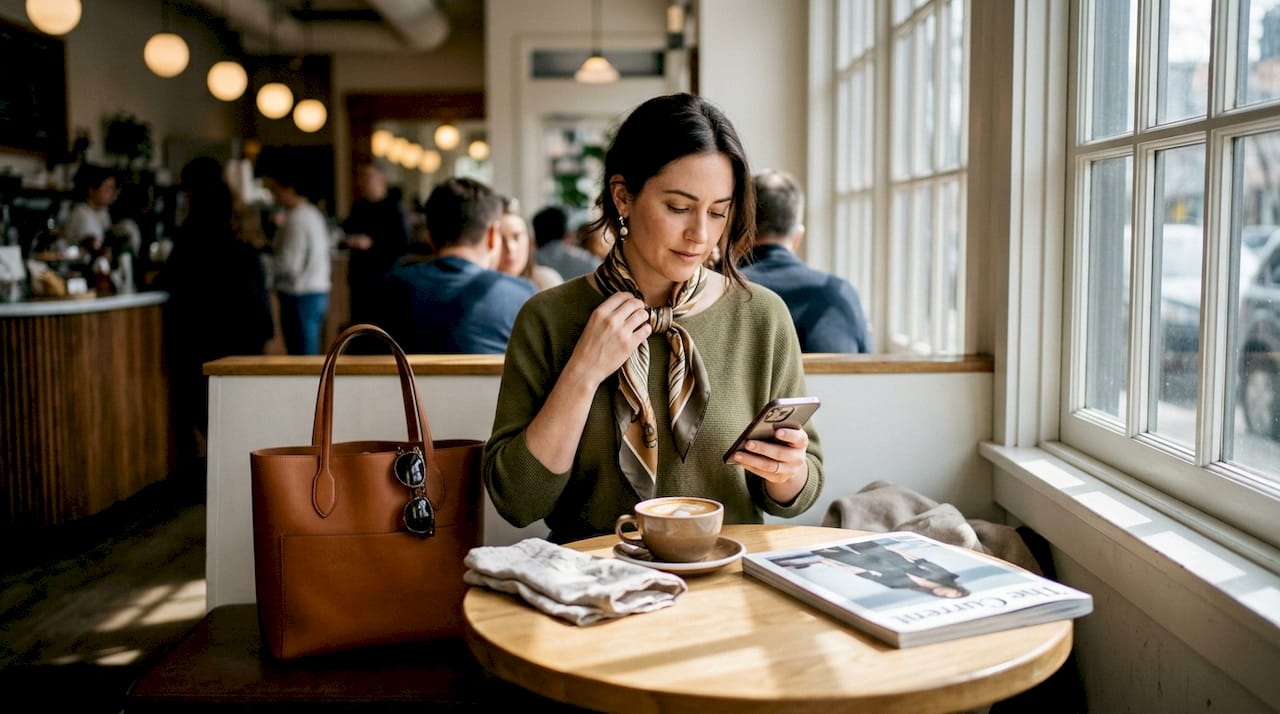 Woman adjusting scarf in lively café