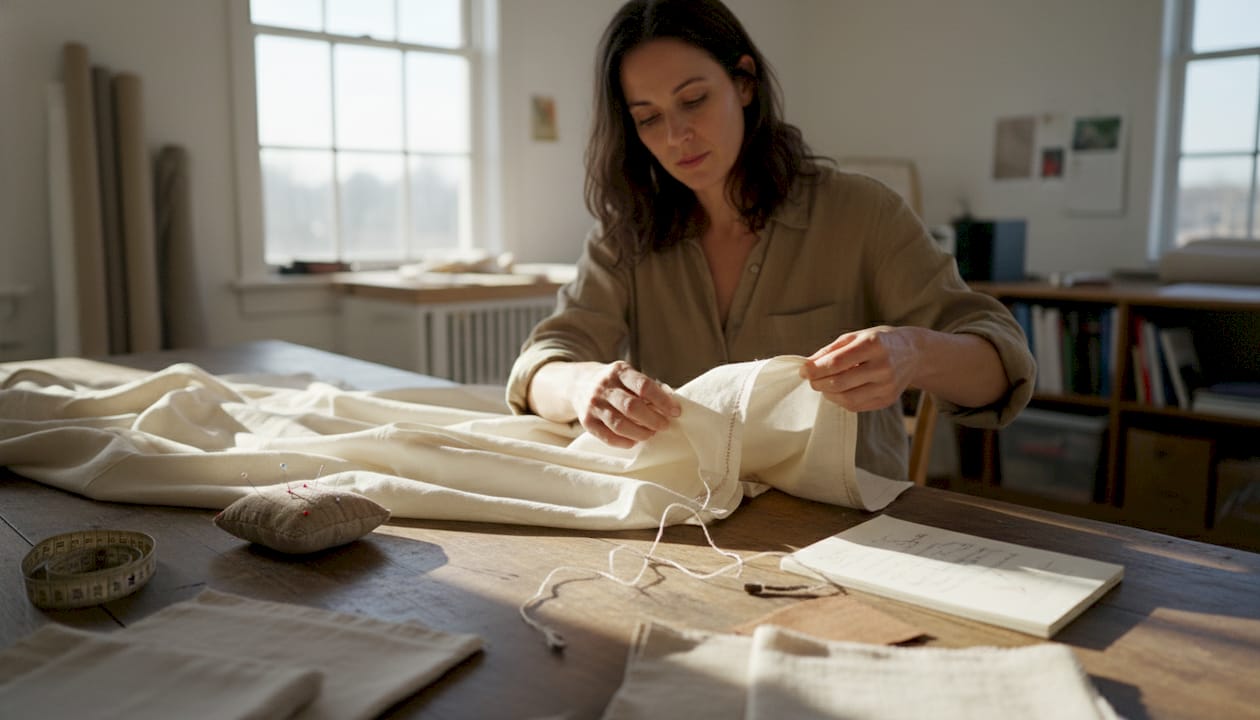 Designer bekijkt de fijne details van een duurzame, luxe jurk nauwkeurig.