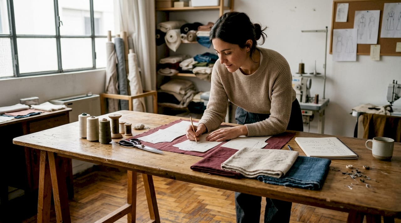Creativa de moda analizando nuevos diseños en un taller comprometido con la sostenibilidad