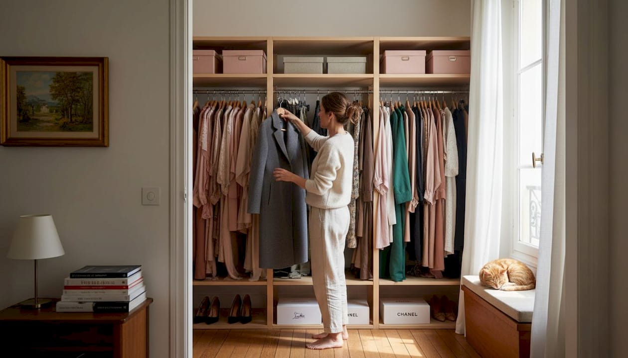 Une femme en train de réorganiser son dressing rempli de pièces de créateurs chez elle.