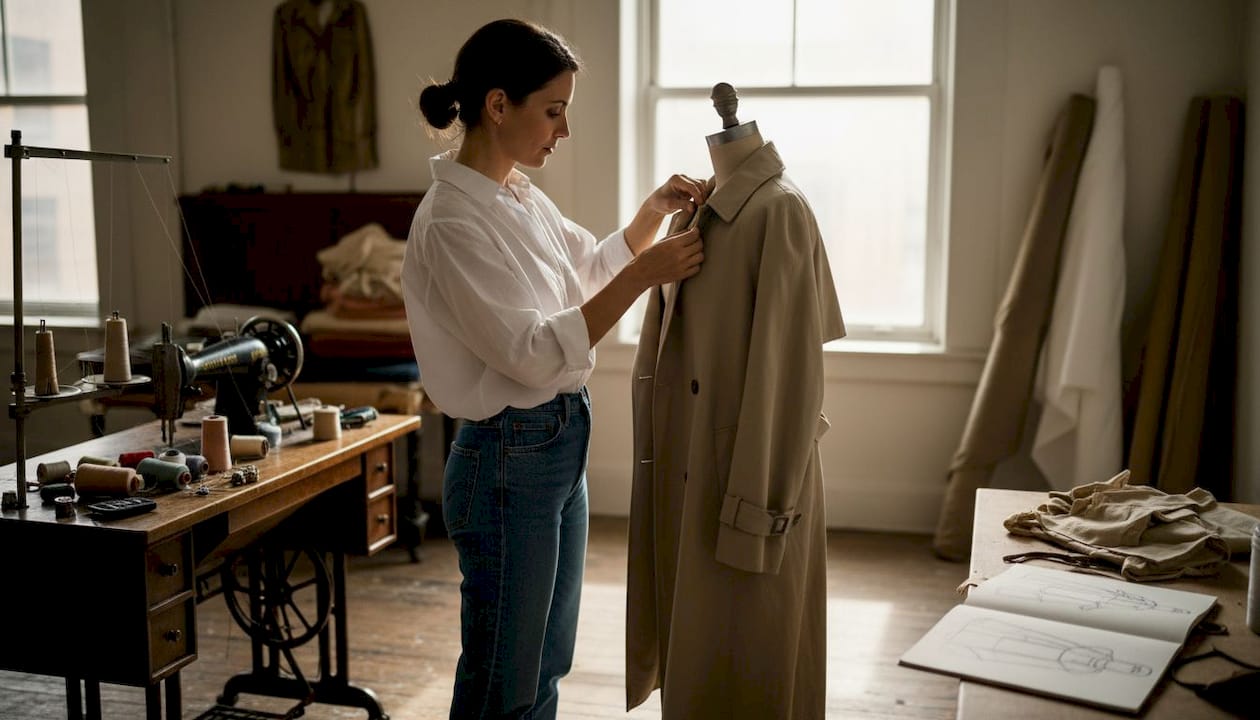 Designer de moda a fazer ajustes num casaco no atelier