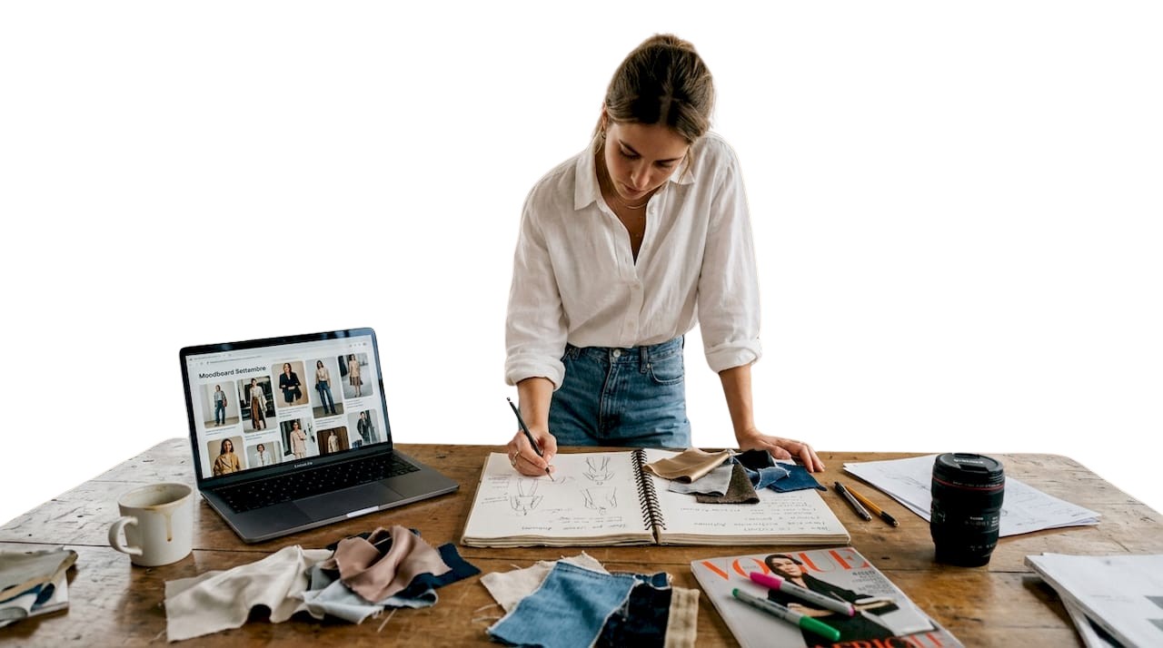 Un redattore di moda alle prese con nuove idee in uno studio pieno di energia e creatività.