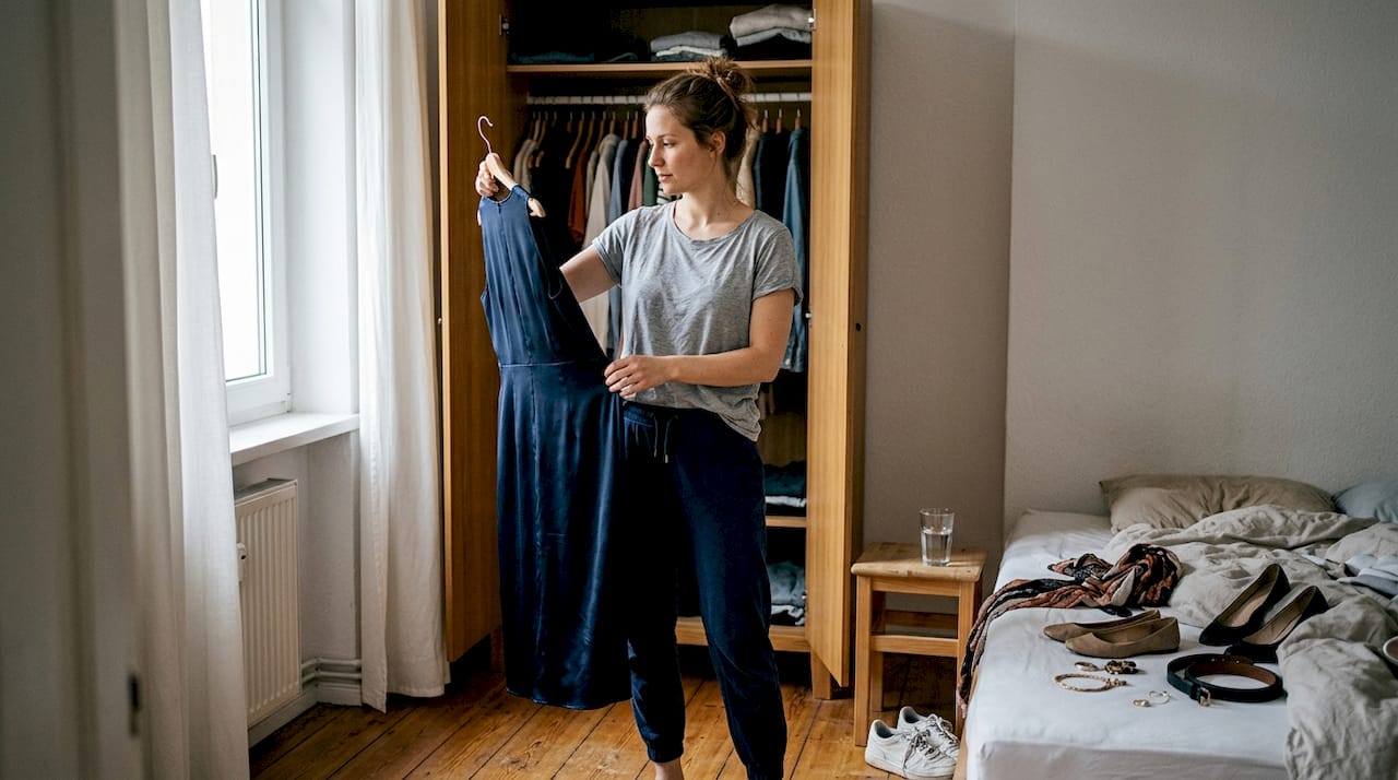 Frau probiert zu Hause ihr Outfit für die Party an