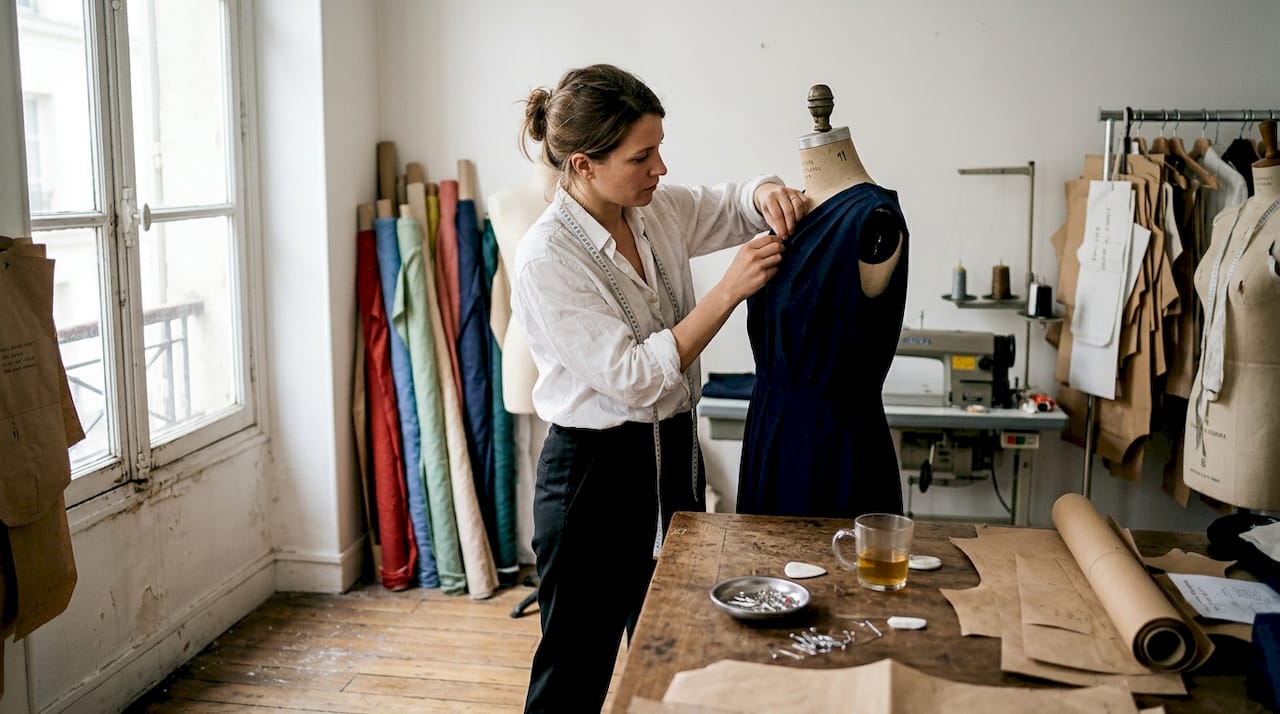 Une créatrice de mode en plein travail sur une robe dans son atelier de couture.
