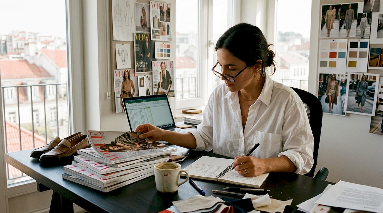 Editora de moda sentada à secretária, rodeada de revistas e com uma chávena de café ao lado