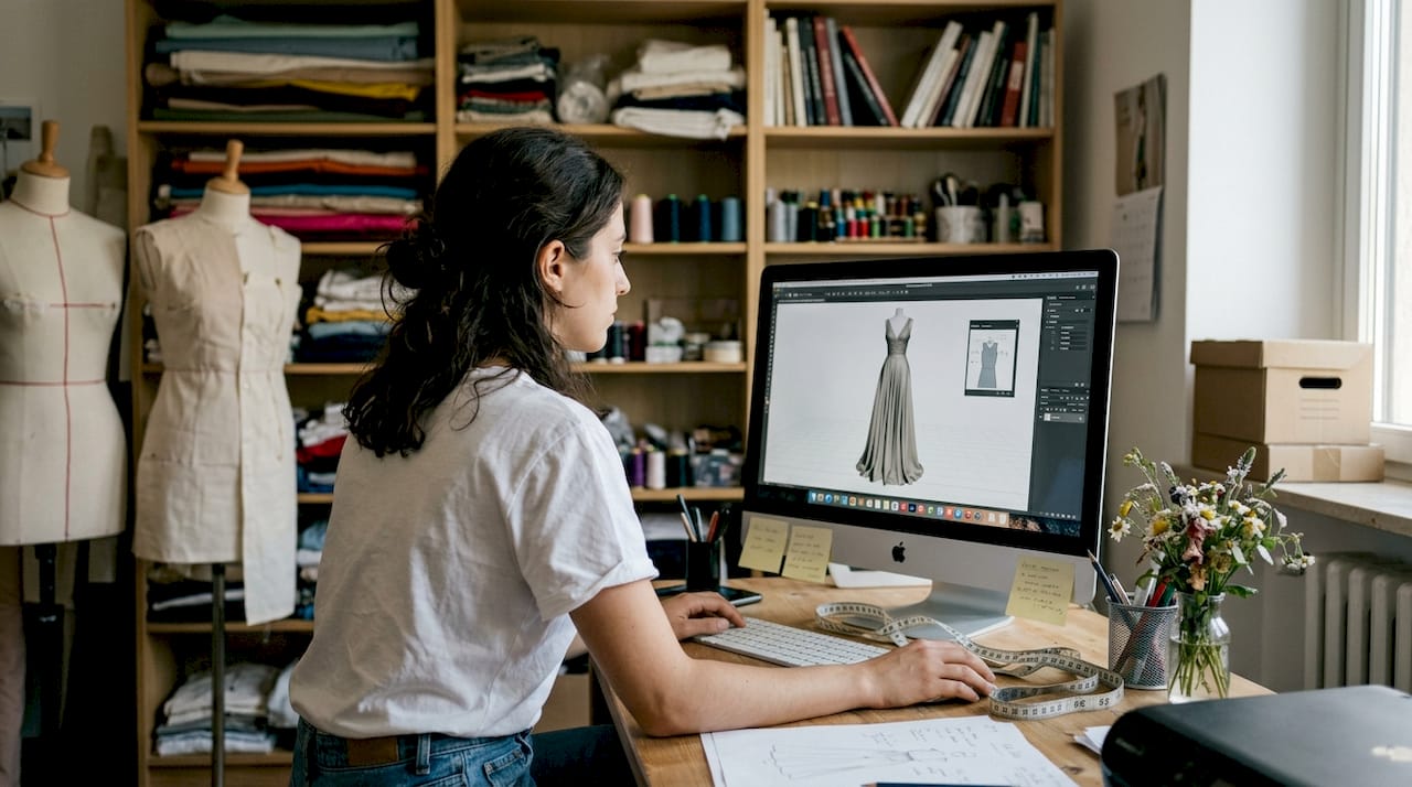 Una stilista di moda realizza un modello tridimensionale al computer.