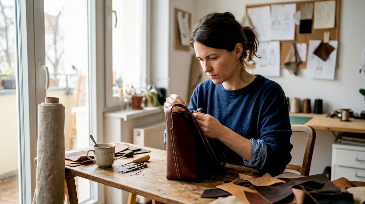 Im Atelier begutachtet die Modedesignerin eine luxuriöse Handtasche ganz genau.