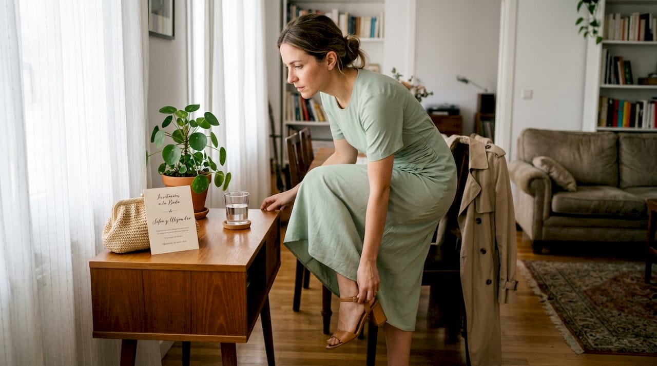 Invitada de boda ultimando los detalles de su look elegante en casa